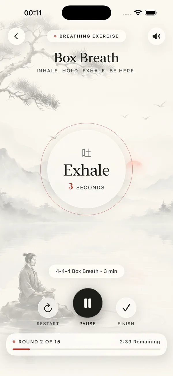 Box Breath screen: a glass circle reading Exhale, 3 seconds, round 2 of 15.