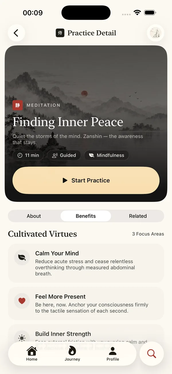 Practice Detail screen for Finding Inner Peace with a Start Practice button.