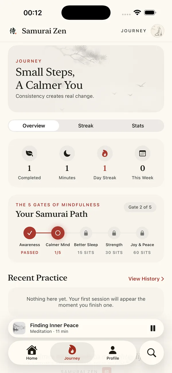 Journey screen: the five gates of mindfulness with Awareness passed.