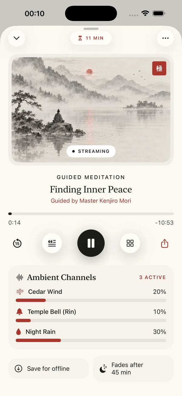 Player screen: Finding Inner Peace with ambient channels for cedar wind, temple bell and night rain.